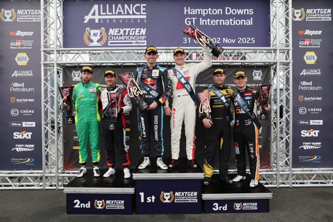 Feeney and Schumacher keep title hopes alive with gritty Race 1 win at Hampton Downs